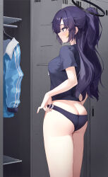 Rule 34 | 1girl, absurdres, adjusting buruma, adjusting clothes, ass, blue archive, blue eyes, breasts, buruma, butt crack, clothes hanger, from side, highres, jacket, light particles, locker, medium breasts, official alternate costume, parted lips, purple hair, shirt, solo, star (symbol), star sticker, sticker on face, t-shirt, toi1et paper, track jacket, unworn jacket, yuuka (blue archive), yuuka (track) (blue archive)