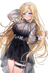 Rule 34 | 1girl, :p, black dress, blonde hair, blue eyes, blush, breasts, cleavage, dress, earrings, floral print, hands up, highres, hololive, hololive english, jewelry, knife, knife sheath, knife sheath, large breasts, long hair, long sleeves, looking at viewer, machi (7769), official alternate costume, see-through, sheath, simple background, smile, solo, thigh strap, tiara, tongue, tongue out, very long hair, virtual youtuber, watson amelia, watson amelia (party dress), white background