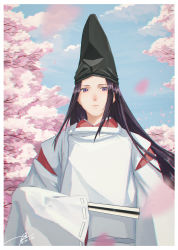 Rule 34 | 1boy, bishounen, blue sky, blurry, border, cherry blossoms, chromatic aberration, folded fan, cloud, dated, day, depth of field, expressionless, folding fan, fujiwara no sai, hand fan, hand up, hat, highres, hikaru no go, holding, holding fan, japanese clothes, kimono, lips, long hair, looking at viewer, male focus, outdoors, paper fan, petals, purple eyes, purple hair, signature, sky, sleeves past fingers, sleeves past wrists, solo, standing, tate eboshi, upper body, wide sleeves, z2zyyy