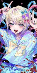 Rule 34 | 1girl, :d, arms up, black background, bleeding, blonde hair, blood, blood on arm, blue bow, blue eyes, blue hair, blue nails, blue shirt, blue skirt, bow, chouzetsusaikawa tenshi-chan, commentary request, crying, crying with eyes open, cuts, hair bow, hair ornament, heart, heart hair ornament, highres, index fingers raised, injury, internet yamero, long hair, long sleeves, looking at viewer, mareru, midriff, multicolored hair, multicolored nails, nail polish, needy girl overdose, open mouth, pill, pill on tongue, pink bow, pink hair, pink nails, pleated skirt, purple bow, quad tails, sailor collar, school uniform, self-harm, serafuku, shirt, skirt, smile, solo, tears, tongue, tongue out, twintails, very long hair, wrist cutting, yami kawaii, yellow bow, yellow nails