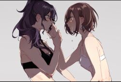 Rule 34 | 2girls, asahina mafuyu, black bra, blush, bra, brown eyes, brown hair, commentary, crying, crying with eyes open, earrings, eye contact, from side, grey background, haize, hand on another&#039;s face, holding another&#039;s wrist, jewelry, long hair, looking at another, multiple girls, parted lips, ponytail, profile, project sekai, purple hair, shinonome ena, short hair, simple background, tears, underwear, underwear only, upper body, white bra, yuri
