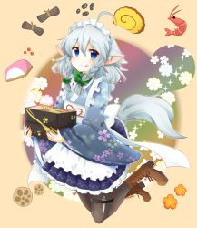 Rule 34 | 1girl, :p, ahoge, alternate costume, animal ears, apron, beige background, black pantyhose, blue eyes, blue kimono, blue skirt, blush, boots, bow, bowtie, box, braid, brown footwear, commentary request, cross-laced footwear, dog ears, dog tail, floral print, frilled apron, frills, green bow, green bowtie, hair between eyes, hair bow, highres, holding, holding box, inu sakuya (nejikirio), izayoi sakuya, japanese clothes, kemonomimi mode, kimono, knife, lace-up boots, long sleeves, looking at viewer, maid, maid apron, maid headdress, miniskirt, nail polish, pantyhose, petticoat, pink nails, pleated skirt, short hair, shrimp, silver hair, simple background, skirt, smile, solo, tail, tanikake yoku, thigh strap, tongue, tongue out, touhou, twin braids, wa maid, wide sleeves