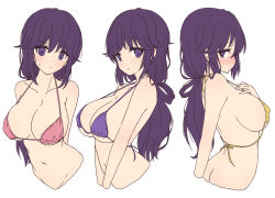 Rule 34 | 1girl, arms behind back, bikini, bikini top only, blush, breasts, collarbone, flat color, highres, large breasts, long hair, looking at viewer, low ponytail, machikado mazoku, mel (melty pot), multiple views, navel, pink bikini, purple bikini, purple eyes, purple hair, sideboob, simple background, swimsuit, white background, wide ponytail, yellow bikini, yoshida seiko