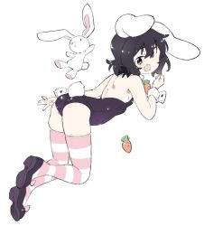Rule 34 | 1girl, :o, animal ears, ass, black hair, carrot, carrot necklace, detached collar, inaba tewi, jewelry, kt kkz, leotard, looking at viewer, looking back, necklace, open mouth, playboy bunny, rabbit, rabbit ears, rabbit tail, shoes, stuffed animal, stuffed rabbit, stuffed toy, tail, thighhighs, touhou, wrist cuffs