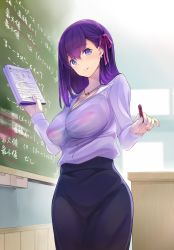 Rule 34 | 1girl, absurdres, blush, book, bra, bra visible through clothes, breasts, chalk, chalkboard, cleavage, commentary request, desk, earrings, fate/stay night, fate (series), fingernails, hair ribbon, highres, holding, holding book, jewelry, large breasts, lips, long hair, looking at viewer, math, matou sakura, necklace, parted lips, pencil skirt, pink bra, pink ribbon, purple eyes, purple hair, ribbon, school, see-through, shirt, skirt, smile, solo, teacher, tsukamori shuuji, underwear