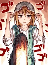 Rule 34 | 1girl, aqua hoodie, backwards hat, baseball cap, blush, brown eyes, bullfalk, burning, clenched hands, commentary request, cowboy shot, diable jambe, feet out of frame, foot up, hands up, hat, highres, hood, hood down, hoodie, idolmaster, idolmaster cinderella girls, knee up, looking down, medium hair, multicolored background, one piece, open clothes, open hoodie, open mouth, orange hair, parody, shirt, sleeves past elbows, solo, sound effects, sweat, translation request, v-shaped eyebrows, white shirt, white sleeves, yuuki haru