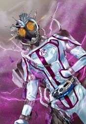 Rule 34 | 1boy, antennae, armor, belt, cable, electricity, kamen rider, kamen rider chaser, kamen rider drive (series), male focus, mask, namami (ultra7-m78), nanaya (up and out), orange eyes, purple background, shoulder pads, solo, transformation