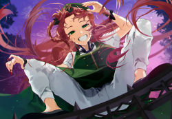 Rule 34 | 1girl, black bow, black footwear, blood, blood on face, blood on hands, blue ribbon, bow, braid, breasts, commentary request, floating hair, gate, gotou (nekocat), green eyes, green hat, green skirt, green vest, grin, hair bow, hat, hong meiling, long hair, looking at viewer, neck ribbon, outdoors, pants, red hair, ribbon, shirt, short sleeves, skirt, sky, smile, solo, touhou, tree, twin braids, very long hair, vest, white legwear, white pants, white shirt