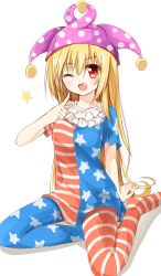 Rule 34 | 1girl, american flag dress, american flag legwear, blonde hair, clownpiece, fang, hat, jester cap, long hair, one eye closed, pantyhose, red eyes, sitting, smile, solo, striped clothes, striped pantyhose, touhou, very long hair, wings, yuuhagi (amaretto-no-natsu)
