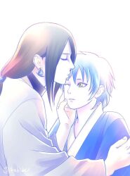 Rule 34 | black hair, blue hair, boruto: naruto next generations, closed eyes, earrings, family, father and son, hair tied back, hand on another&#039;s arm, hand on another&#039;s cheek, japanese clothes, jewelry, kimono, kiss, kissing forehead, long hair, mitsuki (naruto), multicolored clothes, naruto (series), one eye closed, orochimaru (naruto), pale skin, short hair, spiked hair, yellow eyes
