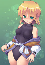 Rule 34 | 1girl, arm warmers, black leotard, blonde hair, breasts, cowboy shot, green background, green eyes, kurogarasu, leotard, looking at viewer, mizuhashi parsee, open mouth, pointy ears, short hair, small breasts, solo, standing, touhou, turtleneck