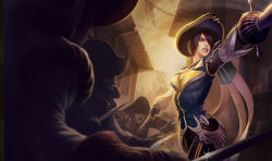 Rule 34 | 1girl, 3boys, angry, artist request, black hair, blue eyes, breasts, cleavage, dual wielding, fighting, fiora (league of legends), hat, holding, knife, league of legends, long sleeves, modern era clothes, multiple boys, off camera individual, pirate, pirate hat, rapier, short hair, sword, weapon