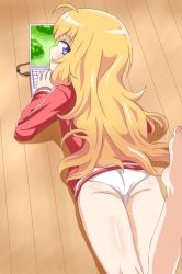 Rule 34 | 10s, 1girl, :o, ahoge, ass, barefoot, blonde hair, blue eyes, blush, computer, eyes visible through hair, feet, female focus, fingernails, floor, from behind, gabriel dropout, gabriel tenma white, gluteal fold, highres, indoors, jacket, laptop, leg up, legs together, long hair, long sleeves, looking at viewer, looking back, lying, no pants, on floor, on stomach, open mouth, panties, profile, shiny skin, sincos, solo, toenails, toes, track jacket, underwear, white panties, wooden floor
