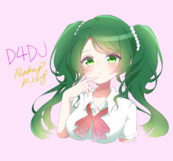 Rule 34 | 1girl, blush, collared shirt, copyright name, cropped arms, d4dj, green eyes, green hair, group name, hand to own mouth, long hair, neck ribbon, pearl hair ornament, pink background, red ribbon, ribbon, school uniform, shimizu esora, shirt, short sleeves, simple background, solo, sonosoiya, twintails, upper body, white shirt