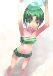 Rule 34 | 10s, 1girl, :d, armpits, arms up, ball, beachball, bikini, blush, collarbone, from above, green eyes, green hair, halterneck, looking at viewer, matching hair/eyes, midorikawa nao, navel, open mouth, ponytail, precure, short hair, smile, smile precure!, solo, striped bikini, striped clothes, sunlight, swimsuit, touboku, wet, white background