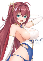 Rule 34 | 1girl, :d, ahoge, aqua eyes, arm behind head, arm up, armpits, azur lane, bare shoulders, blush, breasts, collarbone, covered erect nipples, covered navel, cowboy shot, dated, elbow gloves, fang, gloves, groin, hair between eyes, hair intakes, hair ornament, large breasts, long hair, looking at viewer, one-piece swimsuit, one side up, open mouth, red hair, sideboob, signature, simple background, skin fang, smile, solo, standing, surcouf (azur lane), swimsuit, twitter username, unel, very long hair, white background, white gloves