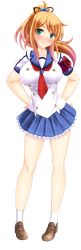 Rule 34 | 1girl, absurdres, armband, blonde hair, blush, breasts, feet, full body, game cg, green eyes, hands on own hips, highres, hinata sora, huge breasts, legs, long hair, looking at viewer, ponytail, school uniform, shoes, simple background, skirt, smile, socks, solo, standing, stray school, thighs, toranomon kyouko, white background