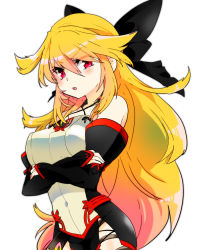 Rule 34 | 1girl, bare shoulders, blonde hair, blush, breasts, detached sleeves, hair ornament, long hair, milla (fractured), open mouth, pink eyes, ribbon, simple background, skirt, solo, tales of (series), tales of xillia, tales of xillia 2
