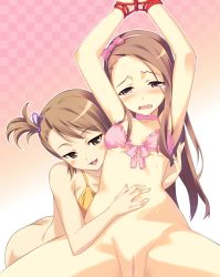 Rule 34 | 10s, 2girls, armpits, arms up, bdsm, blush, bondage, bound, bound wrists, bra, braid, breasts, brown eyes, brown hair, butt crack, cameltoe, choker, cleavage, commission, embarrassed, fang, front-tie top, frown, futami ami, hairband, idolmaster, idolmaster (classic), idolmaster 2, lingerie, long hair, minase iori, multiple girls, naughty face, no panties, number23, open mouth, pussy, rope, saliva, small breasts, spread legs, sweat, tears, teasing, third-party edit, uncensored, underwear, yuri