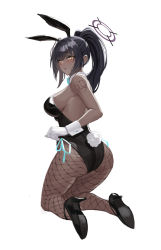 Rule 34 | 1girl, absurdres, animal ears, arm tattoo, ass, back, bare shoulders, black footwear, black hair, black leotard, blue archive, blue bow, blue bowtie, blue ribbon, blunt bangs, blush, bow, bowtie, breasts, curvy, dark-skinned female, dark skin, detached collar, fake animal ears, fake tail, fishnet pantyhose, fishnets, from behind, gloves, halo, high heels, high ponytail, highleg, highleg leotard, highres, huge ass, jonbur man, karin (blue archive), karin (bunny) (blue archive), kneeling, large breasts, leotard, long hair, looking at viewer, looking back, number tattoo, open mouth, pantyhose, playboy bunny, ponytail, rabbit ears, rabbit tail, ribbon, shiny clothes, shiny skin, shoulder tattoo, side-tie leotard, sidelocks, simple background, solo, strapless, strapless leotard, sweatdrop, tail, tattoo, thong leotard, very long hair, white background, white gloves, wide hips, wrist cuffs, yellow eyes