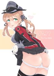 Rule 34 | 1girl, alakoala, anchor hair ornament, ass, black skirt, black thighhighs, blonde hair, breasts, butt crack, clothes lift, gloves, green eyes, hair ornament, hat, highres, kantai collection, lifting own clothes, long hair, low twintails, medium breasts, microskirt, military, military uniform, panties, panty pull, peaked cap, pleated skirt, prinz eugen (kancolle), skirt, skirt lift, solo, thighhighs, tongue, tongue out, twintails, underwear, uniform, white gloves, white panties
