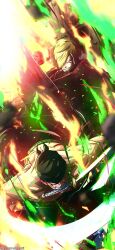 Rule 34 | 2boys, artist name, bandana, bare shoulders, black bandana, black pants, blonde hair, blue eyes, cigarette, clenched teeth, commentary, glowing, glowing eye, green hair, hair over one eye, highres, holding, holding sword, holding weapon, jacket, looking at viewer, male focus, mouth hold, multiple boys, muscular, muscular male, noonvincent, one eye closed, one eye covered, one piece, pants, parted bangs, red eyes, red jacket, roronoa zoro, sanji (one piece), scar, scar across eye, short hair, slashing, sword, teeth, topless male, triple wielding, twitter username, weapon