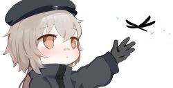 Rule 34 | 1girl, animal, bad id, bad pixiv id, bandaid, bandaid on face, bandaid on nose, beret, black gloves, blush, brown eyes, bug, commentary request, dokomon, dragonfly, girls&#039; frontline, gloves, grey hat, grey jacket, hair between eyes, hand up, hat, highres, hs2000 (girls&#039; frontline), insect, jacket, korean commentary, light brown hair, long sleeves, looking at animal, looking away, outstretched arm, parted lips, solo, upper body