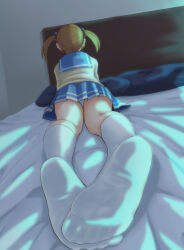 Rule 34 | 1girl, bed, bed sheet, blue bow, blue sky, bow, brown hair, commentary request, feet, foot focus, foreshortening, from behind, full body, hair bow, hibike! euphonium, indoors, kneehighs, long sleeves, miniskirt, no shoes, panties, pc fworks, pillow, pleated skirt, school uniform, skirt, sky, socks, soles, solo, suzuki satsuki, thighs, toes, twintails, underwear, white panties, white socks