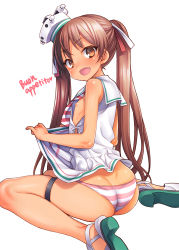 Rule 34 | 10s, 1girl, ass, bare arms, bare legs, bare shoulders, blush, brown eyes, brown hair, dark-skinned female, dark skin, fang, flat chest, hair ribbon, highres, kantai collection, libeccio (kancolle), long hair, looking at viewer, nipples, no bra, no pants, open mouth, panties, pink panties, ribbon, school uniform, serafuku, side slit, sitting, smile, solo, striped clothes, striped panties, thigh strap, twintails, underwear, uousa-ou, very long hair, wariza