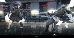Rule 34 | 1girl, 1other, arknights, black footwear, black gloves, black shorts, black socks, cat tail, commentary request, from side, glock, gloves, grey hair, grey jacket, gun, hamachi hazuki, handgun, highres, holding, holding gun, holding weapon, jacket, jessica (arknights), kneehighs, long sleeves, looking at another, open clothes, open jacket, paper, pistol, profile, rain, reunion soldier (arknights), shoes, short hair, short ponytail, shorts, socks, standing, tail, translation request, weapon