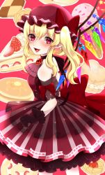 Rule 34 | 1girl, alternate costume, ascot, bare shoulders, blonde hair, blush, bow, breasts, brown dress, brown gloves, brown hat, brown sleeves, cake, cookie, crystal, dress, enishida tsuna, flandre scarlet, food, gem, gloves, hair between eyes, hat, hat bow, highres, ice cream, jewelry, looking at viewer, medium breasts, mob cap, multicolored wings, off shoulder, one side up, open mouth, pancake, pink ascot, pink background, pink dress, pointy ears, red bow, red dress, red eyes, smile, solo, star (symbol), striped clothes, striped dress, touhou, white dress, wings