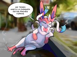 Rule 34 | 1other, animal ears, artist name, creatures (company), disgust, fat, full body, game freak, gen 6 pokemon, hug, looking at viewer, lying, nintendo, pokemon, ribbon, shaded face, sifyro, signature, smoking, spanish text, sylveon, tail, translated