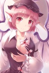 Rule 34 | 1girl, animal ears, bird wings, blush, breasts, brown dress, cleavage, commentary request, dress, earrings, fingernails, frilled sleeves, frills, hat, highres, jewelry, juliet sleeves, large breasts, long fingernails, long sleeves, looking at viewer, lzh, mob cap, mystia lorelei, pink hair, puffy sleeves, red eyes, sharp fingernails, short hair, single earring, solo, touhou, wavy mouth, wings