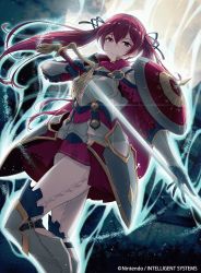 Rule 34 | 1girl, 40hara, armor, aura, closed mouth, company name, copyright name, fire emblem, fire emblem cipher, fire emblem fates, gloves, hair ribbon, highres, holding, holding sword, holding weapon, long hair, nintendo, official art, red hair, ribbon, selena (fire emblem fates), solo, sword, twintails, weapon