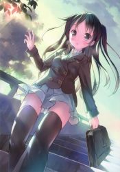 Rule 34 | 1girl, :o, absurdres, bag, black hair, black thighhighs, briefcase, brown eyes, highres, holding, long hair, original, school bag, school briefcase, school uniform, skirt, solo, stairs, takoyaki (roast), thighhighs, two side up, zettai ryouiki