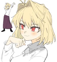 &gt;_&lt; 1girl :3 arcueid_brunestud arms_behind_head blonde_hair closed_mouth commentary_request highres korean_commentary long_skirt medium_hair multiple_views purple_skirt red_eyes simple_background skirt smile stretching sweater tsukihime turtleneck turtleneck_sweater white_background white_sweater yamabuki_otk