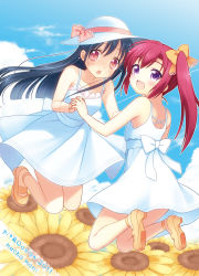 Rule 34 | 2girls, :3, :d, :o, blush, bow, cloud, collaboration, day, dress, flower, hair bow, holding hands, hat, mary janes, multiple girls, open mouth, original, piyodera mucha, shoes, side ponytail, sky, smile, sun hat, sundress, sunflower, usashiro mani