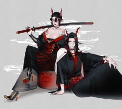 1boy 1girl bare_shoulders bead_bracelet beads black_hair black_kimono black_nails bracelet breasts budget_sarashi choker cleavage commentary crossed_legs demon_horns detached_sleeves dual_persona fingernails genderswap genderswap_(mtf) hair_between_eyes high_heels highres holding holding_sword holding_weapon horns japanese_clothes jewelry katana kimono large_breasts lipstick long_hair makeup multicolored_hair nijisanji nijisanji_en off_shoulder red_choker red_hair red_horns red_lips sarashi sharp_fingernails sheath sheathed short_hair shoulder_tattoo sitting smile streaked_hair sword tattoo two-tone_hair virtual_youtuber vox_akuma weapon yellow_eyes yui930