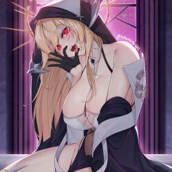 Rule 34 | 1girl, absurdres, artist name, azur lane, bare shoulders, black gloves, blonde hair, breasts, cleavage, covered erect nipples, fake horns, fellatio gesture, gloves, habit, hair between eyes, half gloves, halo, highres, horns, huge breasts, implacable (azur lane), indoors, kawanmushi, long hair, looking at viewer, mechanical halo, nun, open mouth, oral invitation, pelvic curtain, red eyes, revealing clothes, see-through, sexually suggestive, sitting, solo, teeth, tongue, tongue out, upper teeth only, very long hair, white horns