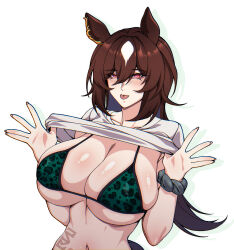 Rule 34 | 1girl, alternate costume, animal ears, animal print, bikini, breasts, brown hair, cero rains, cleavage, clothes lift, commentary request, ear ornament, green bikini, grey scrunchie, hair between eyes, horse ears, horse girl, horse tail, large breasts, leopard print, lifted by self, long hair, looking at viewer, multicolored hair, navel, red eyes, revision, scrunchie, shirt, shirt lift, short sleeves, sirius symboli (umamusume), smile, solo, streaked hair, swimsuit, tail, tongue, tongue out, twitter username, umamusume, upper body, white background, white hair, white shirt, wrist scrunchie
