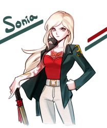 Rule 34 | 1girl, alternate costume, alternate hairstyle, arm out of sleeve, belt, black jacket, blonde hair, breasts, character name, cleavage, commentary, cowboy shot, cropped legs, danganronpa (series), danganronpa 2: goodbye despair, frown, hand on own hip, holding, holding sword, holding weapon, jacket, jacket on shoulders, katana, long hair, long sleeves, looking at viewer, medium breasts, mixed-language commentary, open clothes, open jacket, pants, red shirt, serious, shirt, shirt tucked in, silvercandy gum, simple background, solo, sonia nevermind, sword, weapon, white background, white belt, white pants