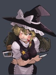 Rule 34 | 1girl, apron, arms under breasts, black hat, black vest, blonde hair, blood, blood on face, blush, bow, braid, breasts, chainsaw, commentary request, cookie (touhou), cowboy shot, frilled apron, frills, grey background, grin, hair between eyes, hair bow, hat, hat bow, holding, holding knife, kanakamei1, kirisame marisa, knife, long hair, looking at viewer, medium breasts, one eye closed, power tool, red bow, red eyes, shirt, short sleeves, side braid, simple background, single braid, smile, solo, star (symbol), suzu (cookie), touhou, unusually open eyes, very long hair, vest, waist apron, white apron, white bow, white shirt, witch hat