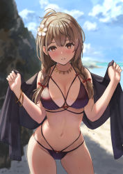 Rule 34 | 1girl, ahoge, alternate costume, beach, bikini, black bikini, blush, bow, bracelet, braid, breasts, brown eyes, brown hair, cleavage, collarbone, commentary request, commission, flower, hair flower, hair ornament, highleg, highleg bikini, jewelry, kantai collection, large breasts, long hair, looking at viewer, multi-strapped bikini, multiple straps, navel, necklace, outdoors, parted lips, red bow, rock, shinshuu maru (kancolle), skeb commission, skindentation, sky, solo, string bikini, swimsuit, tantaka, twin braids, wet