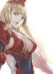 Rule 34 | 1girl, absurdres, armor, athena (granblue fantasy), blonde hair, blue eyes, braid, breasts, chest guard, commentary request, gauntlets, granblue fantasy, highres, large breasts, lips, long hair, looking at viewer, multiple braids, murasaki-sin, red armor, shoulder armor, signature, upper body, vambraces, very long hair, white background