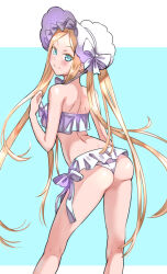 Rule 34 | 1girl, abigail williams (fate), abigail williams (swimsuit foreigner) (fate), abigail williams (swimsuit foreigner) (third ascension) (fate), ass, back, bare shoulders, bikini, blonde hair, blue eyes, blush, bonnet, bow, breasts, fate/grand order, fate (series), forehead, hair bow, highres, long hair, looking at viewer, looking back, miniskirt, parted bangs, shinsaku (stan-art), sidelocks, skirt, small breasts, smile, solo, swimsuit, thighs, twintails, very long hair, wedgie, white bikini, white bow, white headwear