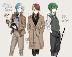 Rule 34 | 3others, androgynous, blonde hair, blue eyes, blue hair, book, closed eyes, coat, collared shirt, cosplay, detective, dress shirt, euclase (houseki no kuni), formal, green hair, grey hair, hair between eyes, hair rings, hand in pocket, highres, holding, holding book, houseki no kuni, jade (houseki no kuni), looking at another, multicolored hair, multiple others, necktie, pale skin, parody, parted bangs, red hair, roru (lol dessin), rutile (houseki no kuni), sherlock holmes, sherlock holmes (cosplay), shirt, short hair, sidelocks, smile, smoking pipe, suit, sweater vest, swept bangs, the adventures of sherlock holmes, vest