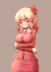 Rule 34 | 1girl, aki shizuha, arinu, blonde hair, blush, breast hold, breast lift, breasts, brown eyes, hair ornament, open mouth, short hair, solo, tight clothes, touhou