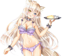 Rule 34 | 1girl, :3, :d, animal ear fluff, animal ears, bare shoulders, black scrunchie, blue eyes, bra, breasts, cake, cat ears, cat girl, cat tail, cheesecake, cleavage, cleavage cutout, clothing cutout, coconut (nekopara), collarbone, commentary request, cowboy shot, cup, food, frilled bra, frilled panties, frills, fumina, groin, head tilt, heterochromia, holding, holding tray, lingerie, long hair, looking at viewer, medium breasts, navel, nekopara, open mouth, panties, platinum blonde hair, purple bra, purple panties, scrunchie, side-tie panties, simple background, smile, solo, stomach, tail, thigh gap, tray, underwear, underwear only, very long hair, white background, wrist scrunchie, yellow eyes