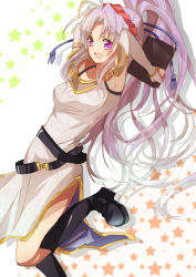 Rule 34 | 1girl, bare shoulders, belt, black footwear, blush, book, boots, breasts, bridal gauntlets, commentary request, detached sleeves, dress, fire emblem, fire emblem: genealogy of the holy war, fire emblem heroes, holding, holding book, jewelry, kitakazepanda, long hair, looking at viewer, lying, nintendo, open mouth, ponytail, purple eyes, purple hair, side slit, small breasts, solo, star (symbol), starry background, tailtiu (fire emblem), very long hair, white background