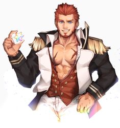 Rule 34 | 1boy, abs, alex (cerealex), blue eyes, brown hair, cropped legs, cross scar, epaulettes, facial hair, fate/grand order, fate (series), fringe trim, goatee, highres, jacket, long sideburns, looking at viewer, male focus, mature male, midriff peek, military, military uniform, muscular, muscular male, napoleon bonaparte (fate), open clothes, open jacket, open shirt, pants, partially unbuttoned, pectoral cleavage, pectorals, saint quartz (fate), scar, scar on chest, short hair, sideburns, smile, solo, uniform, white background, white pants